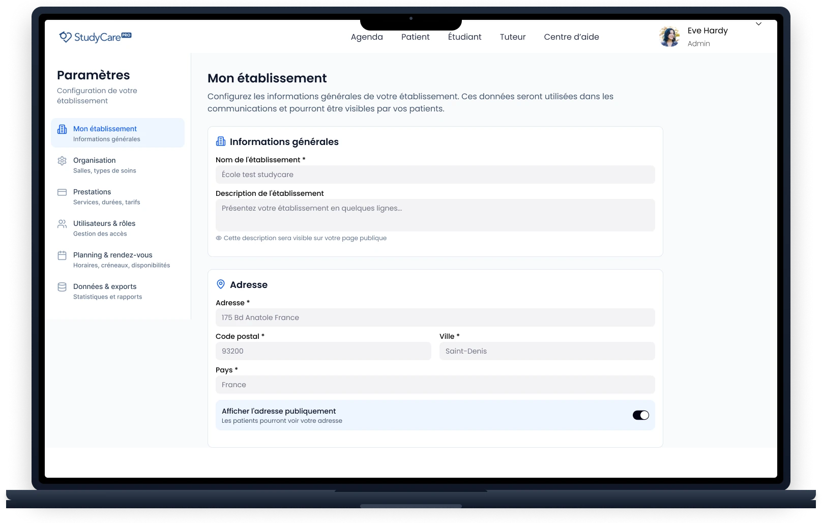 Aperçu du tableau de bord StudyCare PRO